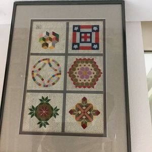 Vintage Picture of Variety of Quilt Patterns In Metal Frame with Glass Cover
